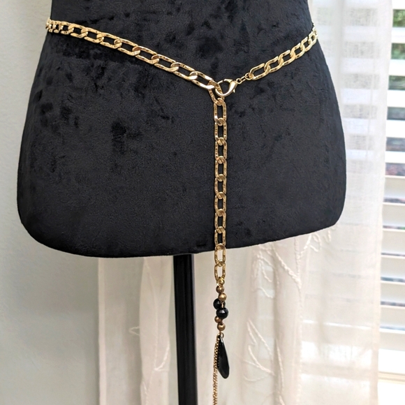 Hammered Gold Tone/Facetted Black Acrylic Belt 43" - Picture 1 of 7